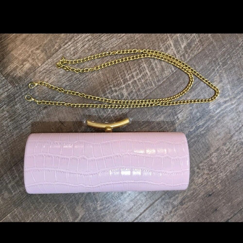 Pink Crocodile Embossed Cylinder Clutch Gold Chain Strap Gold Hardware Women